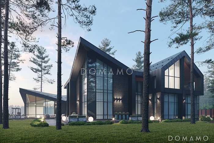 Проект большого кирпичного коттеджа с террасой барбекю, бассейном и винным погребом