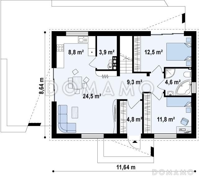 Проект компактного одноэтажного дома из газобетона с двумя спальнями, светлой дневной зоной и кладовой рядом с кухней / План 1 этажа