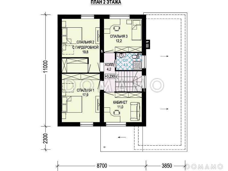 Проект загородного дома с гаражом на 2 машины, прихожей с гардеробом, кабинетом / План мансардного этажа