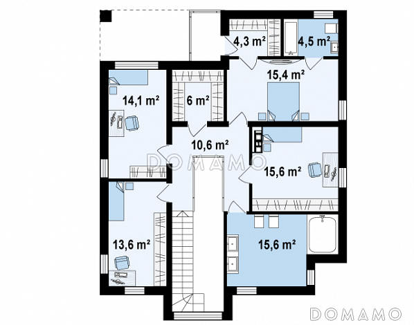 Проект современного двухэтажного дома из кирпича с дополнительной спальней на первом этаже и гаражом / План 2 этажа Проект современного двухэтажного дома из кирпича с дополнительной спальней на первом этаже и гаражом / План 2 этажа