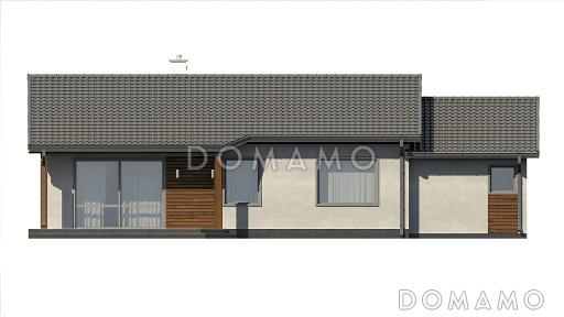 Проект компактного одноэтажного дома из газобетона с тремя спальнями, небольшой крытой террасой и гаражом / Фасад 4