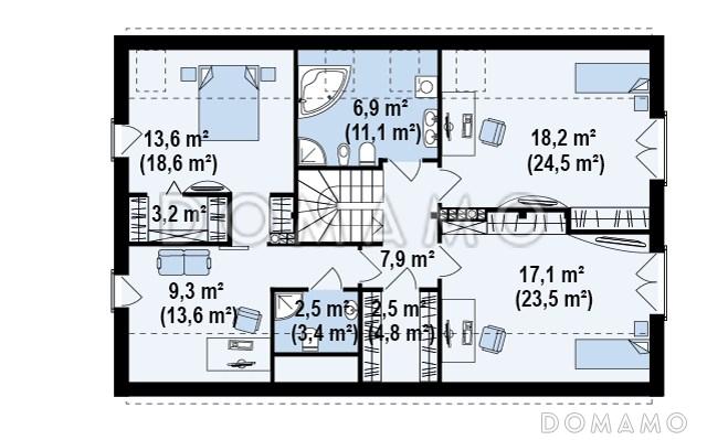 Проект просторного современного одноэтажного мансардного дома из газобетона с большой кухней-столовой, четырьмя комнатами и гаражом  / План мансардного этажа
