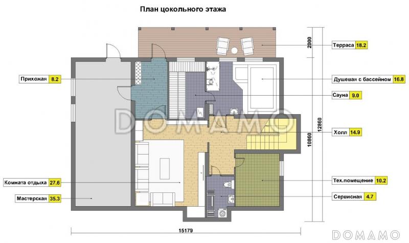 Проект дома из кирпича с цокольным этажом и небольшим бассейном / План цокольного этажа