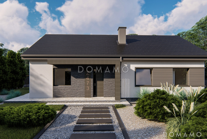 Проект одноэтажного загородного дома простой формы с тремя спальнями,  изолированной кухней