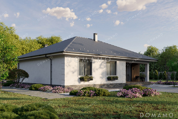 Проект квадратного одноэтажного дома с отделкой декоративной штукатуркой, террасой под общей вальмовой крышей и большой совмещенной кухней-гостиной Проект квадратного одноэтажного дома с отделкой декоративной штукатуркой, террасой под общей вальмовой крышей и большой совмещенной кухней-гостиной