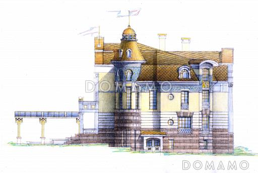 Проект романтичного коттеджа с гаражом и башенкой / Фасад 3