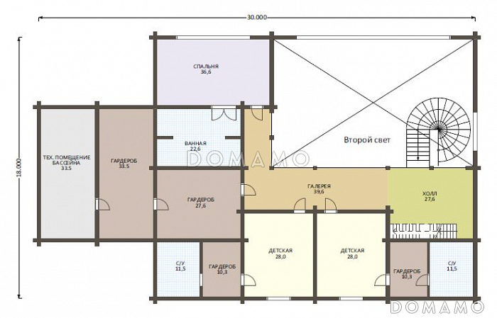 Проект роскошного дома из клееного бруса с бассейном и огромной гостиной / План 2 этажа Проект роскошного дома из клееного бруса с бассейном и огромной гостиной / План 2 этажа