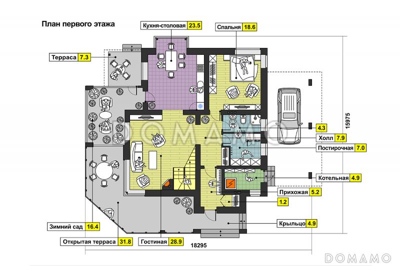 Проект дома с большой открытой террасой, зимним садом, гостиной с камином, кухней с эркером, спальней на первом этаже, вторым светом, балконом / План 1 этажа