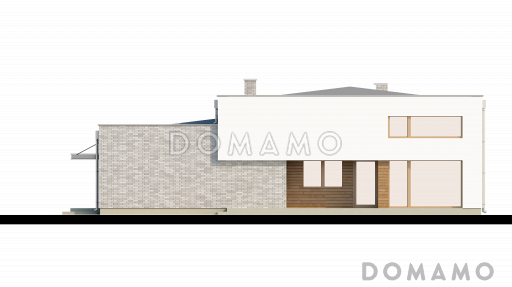 Проект современного одноэтажного дома с плоской крышей из газобетона с тремя спальнями и просторной гостиной с высокими потолками  / Фасад 1