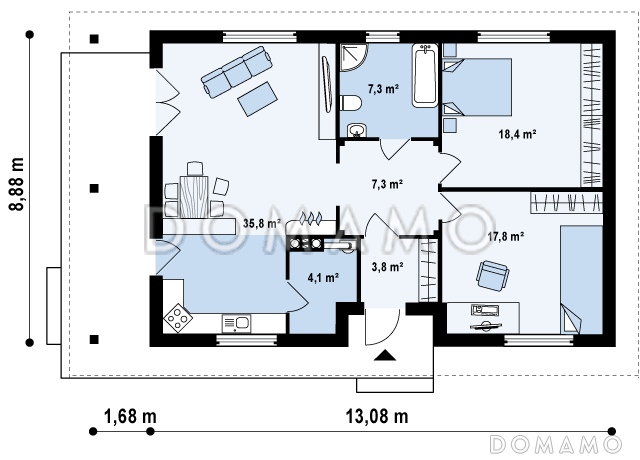 Проект компактного одноэтажного дома из кирпича с двумя спальнями и боковой террасой / План 1 этажа