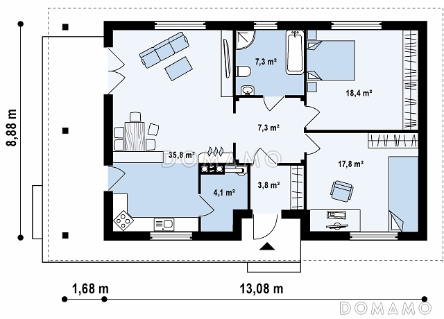 Проект компактного одноэтажного дома из кирпича с двумя спальнями и боковой террасой / План 1 этажа