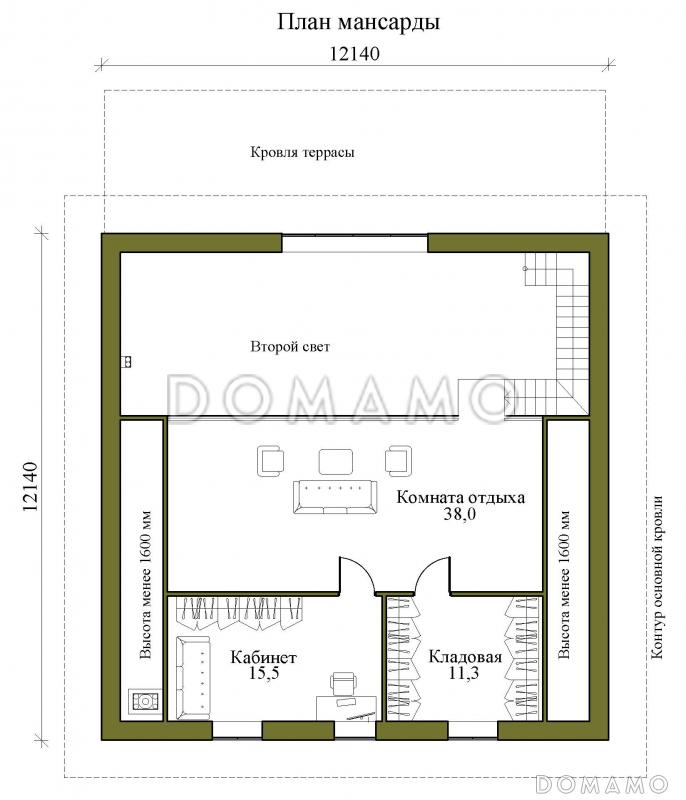 Проект одноэтажного каркасного дома с мансардой, вторым светом и крытой террасой / План мансардного этажа