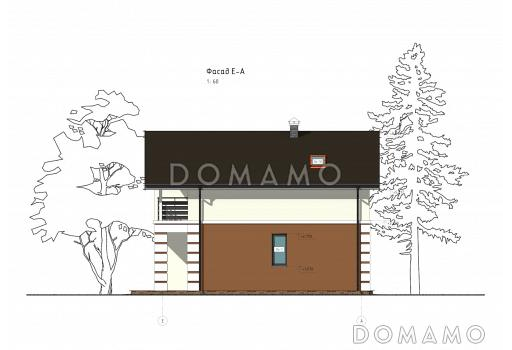 Проект коттеджа с совмещенной кухней-гостиной, спортзалом на мансардном этаже, балконом и окнами в пол / Фасад 3