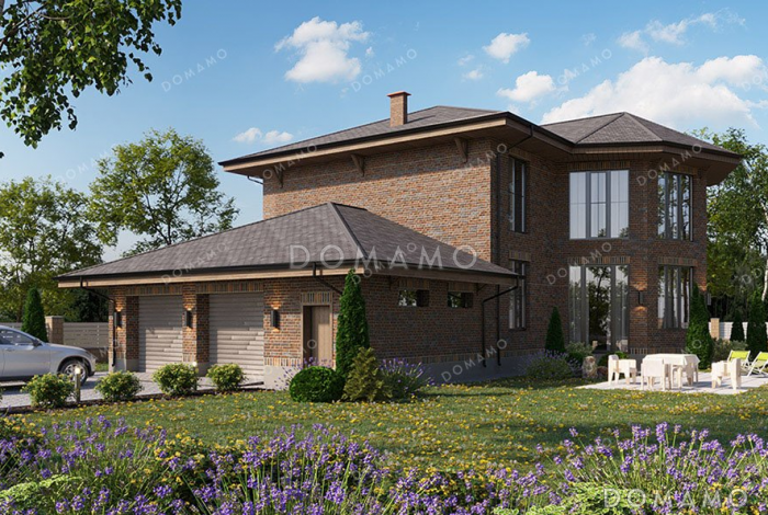 Проект двухэтажного дома с большой гостиной и гаражом на два автомобиля Проект двухэтажного дома с большой гостиной и гаражом на два автомобиля