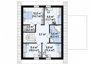 Проект комфортного одноэтажного мансардного дома из газобетона с изолированной кухней, большим гаражом и четырьмя спальнями / План мансардного этажа