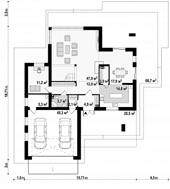 Проект большого современного двухэтажного дома из кирпича с большой площадью остекления, гаражом и просторными террасами на обоих уровнях / План 1 этажа