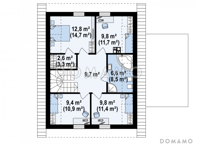 Проект комфортного одноэтажного мансардного дома из газобетона с изолированной кухней, большим гаражом и четырьмя спальнями / План мансардного этажа