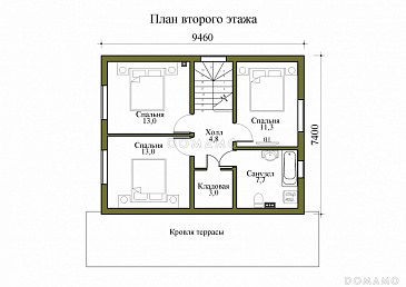 Проект двухэтажного дома с крытой и открытой террасами / План мансардного этажа Проект двухэтажного дома с крытой и открытой террасами / План мансардного этажа