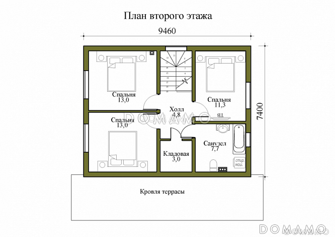 Проект двухэтажного дома с крытой и открытой террасами / План мансардного этажа Проект двухэтажного дома с крытой и открытой террасами / План мансардного этажа