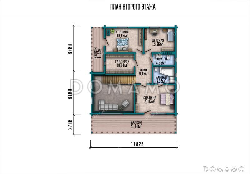 Проект шале с 4 комнатами, террасой, балконами и вторым светом / План мансардного этажа
