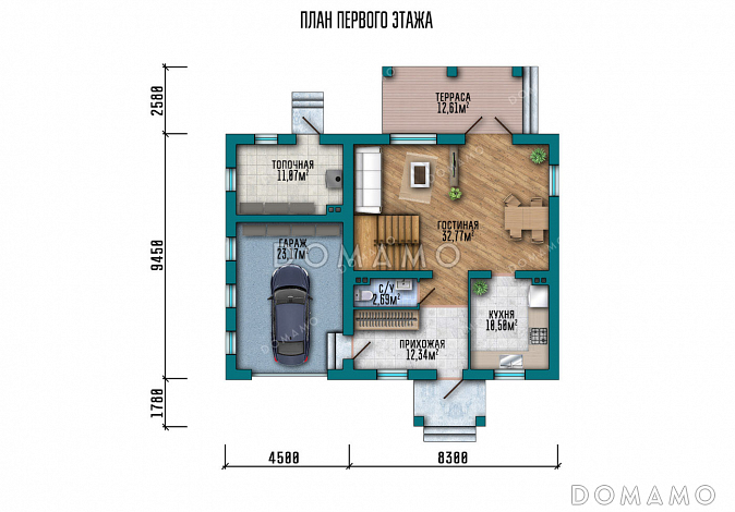 Проект дома с гаражом, тремя спальнями на мансарде и широким балконом / План 1 этажа
