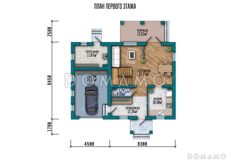 Проект дома с гаражом, тремя спальнями на мансарде и широким балконом / План 1 этажа