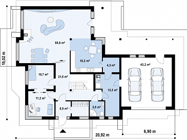 Проект просторного одноэтажного мансардного дома из газобетона с пятью комнатами, балконом и гаражом / План 1 этажа