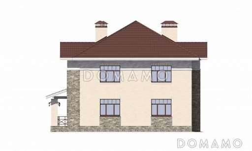 Проект солидного загородного дома с вторым светом и витражным остеклением / задний фасад