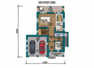 Проект двухэтажного дома с террасой, гаражом на два автомобиля и подвалом / План 1 этажа Проект двухэтажного дома с террасой, гаражом на два автомобиля и подвалом / План 1 этажа