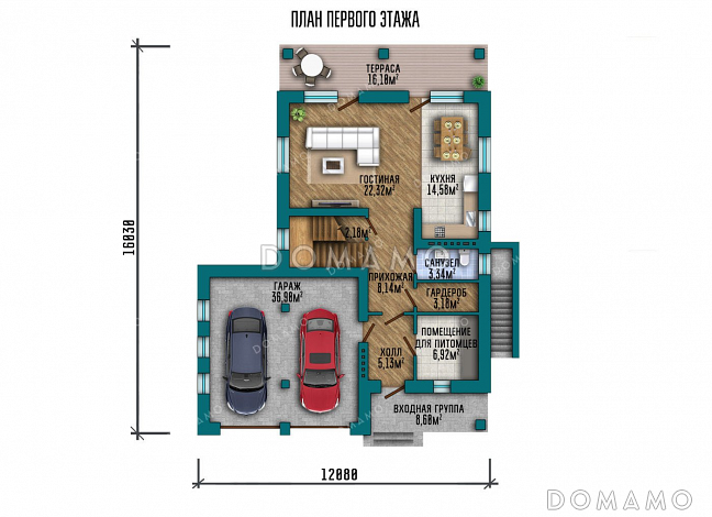 Проект двухэтажного дома с террасой, гаражом на два автомобиля и подвалом / План 1 этажа Проект двухэтажного дома с террасой, гаражом на два автомобиля и подвалом / План 1 этажа