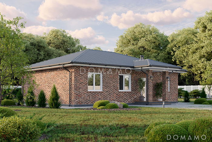 Проект одноэтажного дома, облицованного кирпичом, с тремя спальнями и террасой