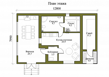 Проект одноэтажной бани с верандой, дровником и сараем / План 1 этажа Проект одноэтажной бани с верандой, дровником и сараем / План 1 этажа