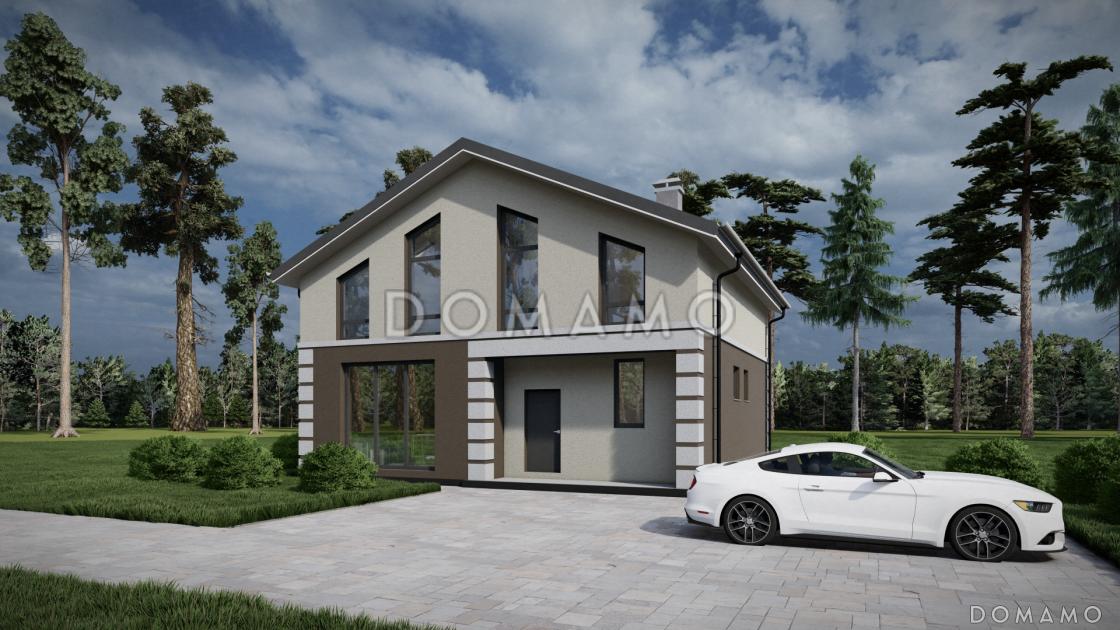 Проект коттеджа с совмещенной кухней-гостиной, спортзалом на мансардном этаже, балконом и окнами в пол / 3