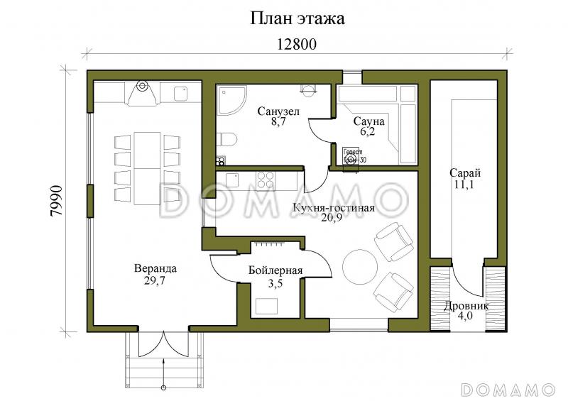 Проект одноэтажной бани с верандой, дровником и сараем / План 1 этажа