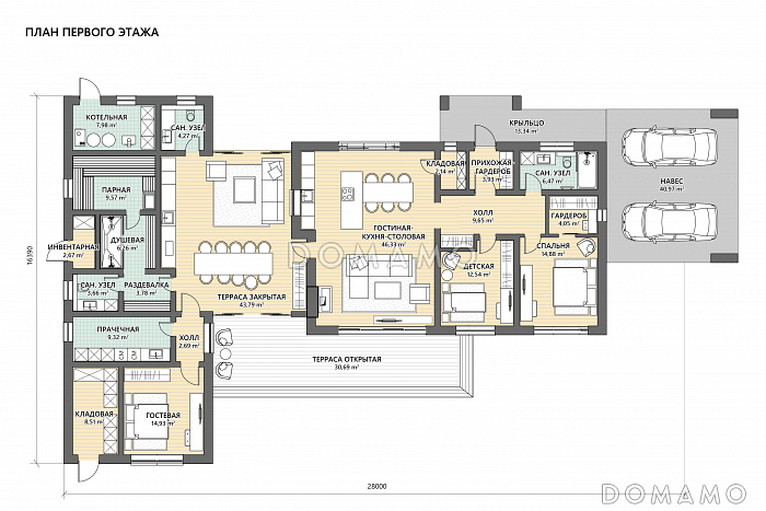 Проект кирпичного дома Г-образной формы с закрытой террасой, 3 кладовками, 3 спальнями и парной / План 1 этажа Проект кирпичного дома Г-образной формы с закрытой террасой, 3 кладовками, 3 спальнями и парной / План 1 этажа