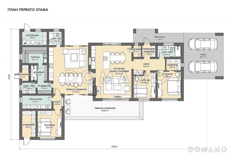 Проект кирпичного дома Г-образной формы с закрытой террасой, 3 кладовками, 3 спальнями и парной / План 1 этажа