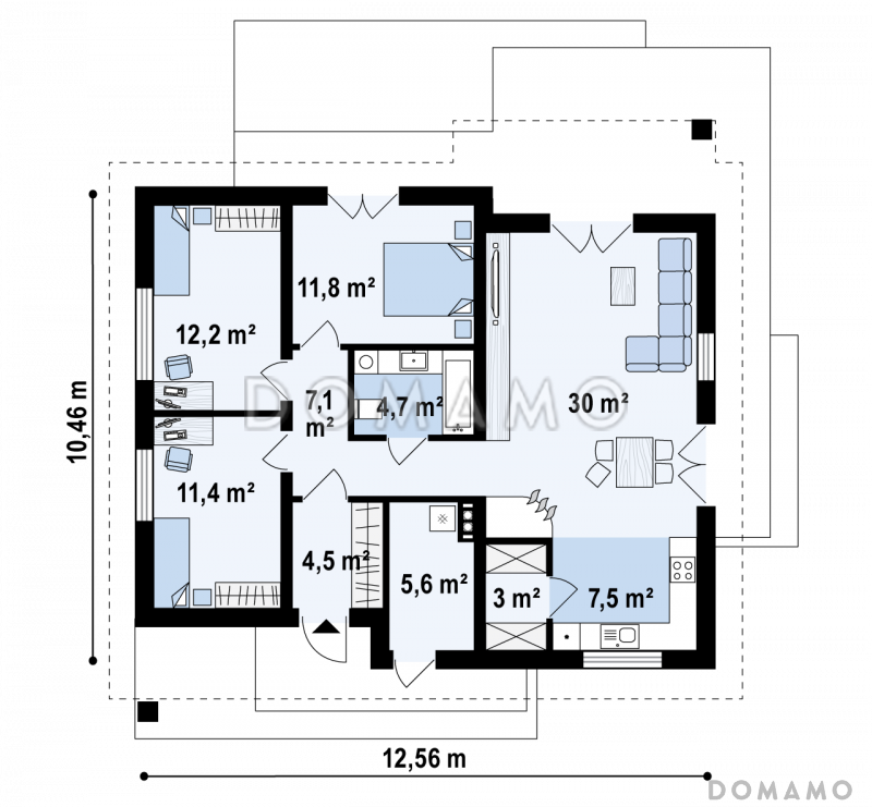 Проект простого уютного одноэтажного дома из кирпича с тремя спальнями и возможностью обустройства мансарды / План 1 этажа