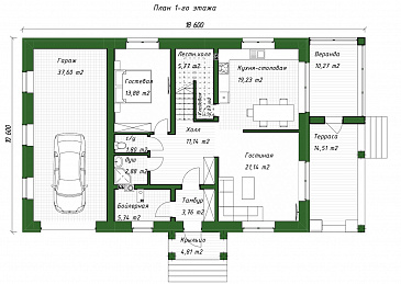 Проект двухэтажного дома из газобетона с пристроенным гаражом и верандой / План 1 этажа Проект двухэтажного дома из газобетона с пристроенным гаражом и верандой / План 1 этажа