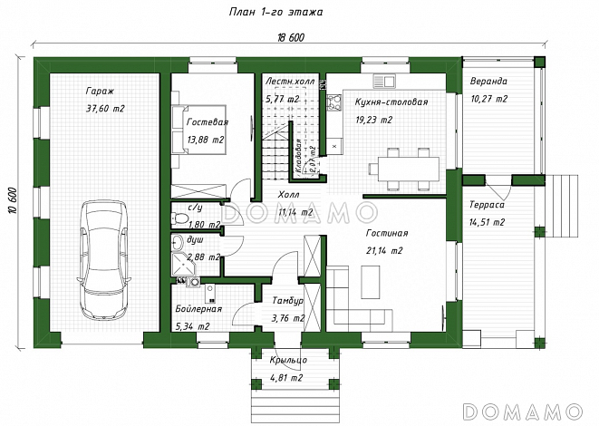 Проект двухэтажного дома из газобетона с пристроенным гаражом и верандой / План 1 этажа Проект двухэтажного дома из газобетона с пристроенным гаражом и верандой / План 1 этажа