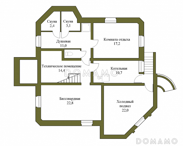 Проект коттеджа с подвалом и зимним садом из кирпича / План цокольного этажа