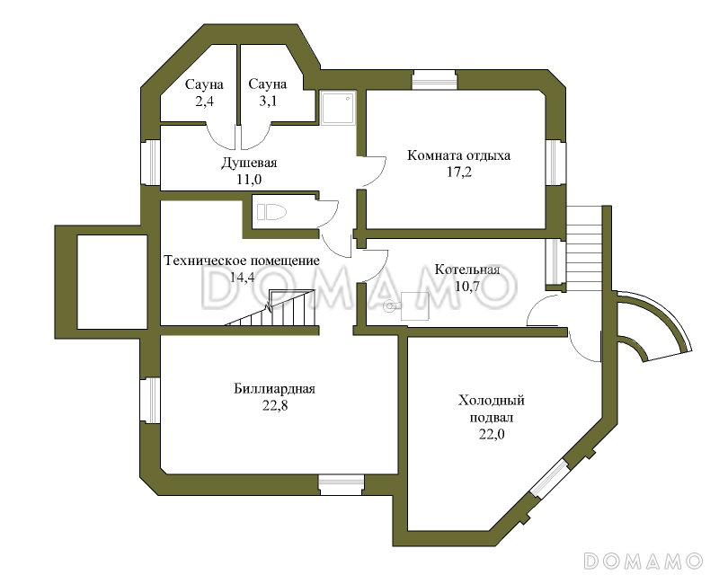 Проект коттеджа с подвалом и зимним садом из кирпича / План цокольного этажа