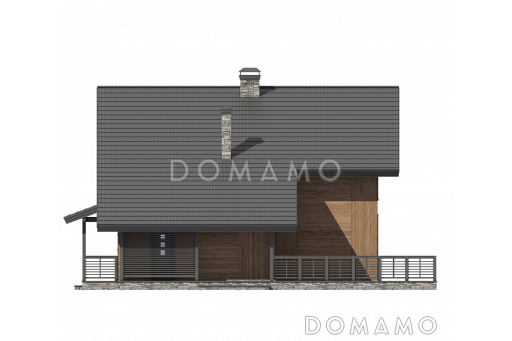 Проект дома из газобетона с большой террасой и навесом для автомобиля / Фасад справа