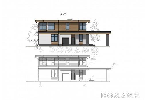 Проект просторного дома с навесом, верандой, сауной, 4 спальнями и кабинетом / Фасад 3