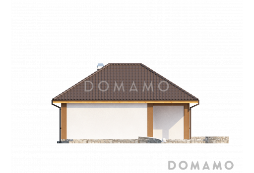 Проект небольшого одноэтажного дома из кирпича с тремя спальнями и красивой угловой террасой / Фасад 4