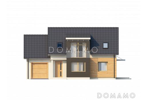 Проект одноэтажного мансардного дома из газобетона с гаражом, для двух семей на разных уровнях  / Фасад 1