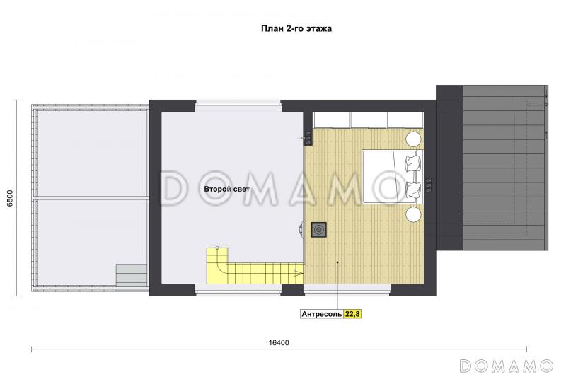 Проект бани с большой кухней-гостиной, террасой и комнатой на антресоли / План мансардного этажа