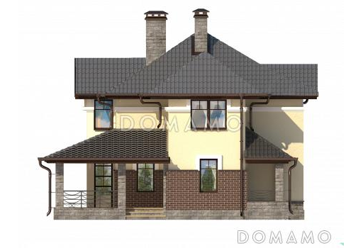 Проект дома с большой крытой террасой, просторной прихожей, ванной с окном на втором этаже / Фасад 1