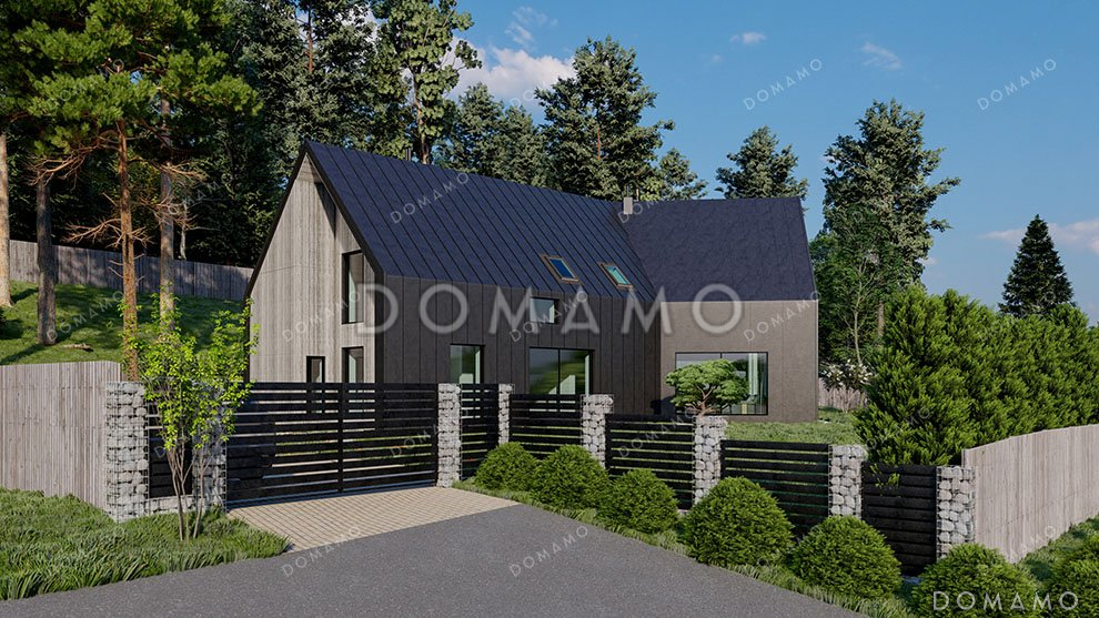 Проект одноэтажного дома с мансардой и большими окнами / 1