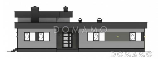 Проект одноэтажного дома с крытой террасой, объединенной кухней-гостиной-столовой, детскими, кабинетом / Фасад 1
