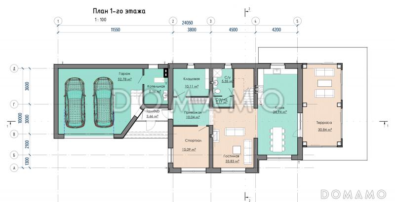 Проект дома с 3 спальнями, кабинетом, гаражом, сауной и спортзалом / План 1 этажа